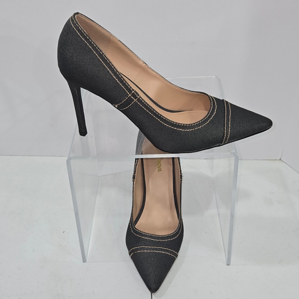 Fashion Nova Black Denim Pointed Toe Pumps Stiletto Heels Contrast Stitch Siz 10